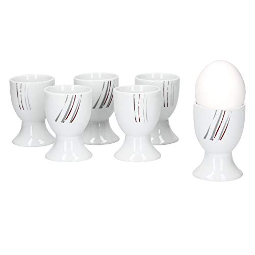 Van Well Eierbecher Set Jamie I 6 Stück weiße Porzellan-Eier-Becher rund für 6 Personen - Moderne Optik Linien-Dekor I Eierständer spülmaschinengeeignet I Egg Holder I Eihalter mit Fuß weiß von Van Well