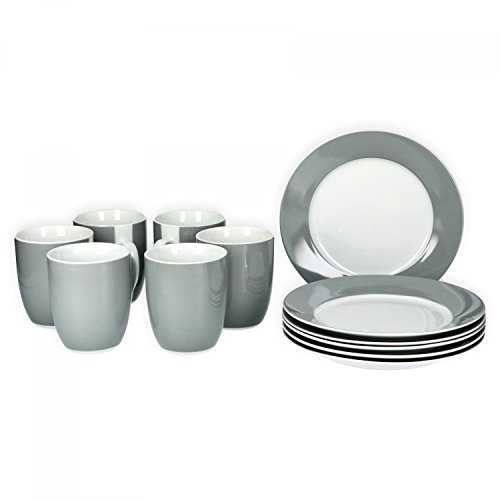 van Well Vario Frühstücksset 12-teilig Kombi-Service 6 Personen - Geschirr-Set Kaffee, Frühstück & Tafel - je 6 kleine, flache Frühstücksteller & Kaffeebecher aus Porzellan - Grau von Van Well