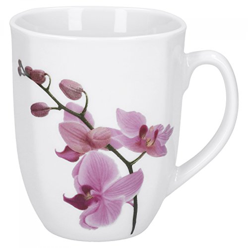 Van Well Kaffeebecher Kyoto, 300 ml, 85 x 85 mm, Jumbo-Tasse, große Kaffeetasse, Porzellan-Becher XL, Blumen-Dekor Orchidee, rosa-rot, pink, Gastro von Van Well