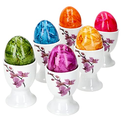 Van Well Kyoto 6er Set Eierbecher I 6 Personen I lilafarbene Orchideen I weiße Porzellan-Eierhalter, Eierständer, Egg Cup I Löffelchen, Teelöffel, Oster-Ei, Oster-Frühstück I Easter Egg von Van Well