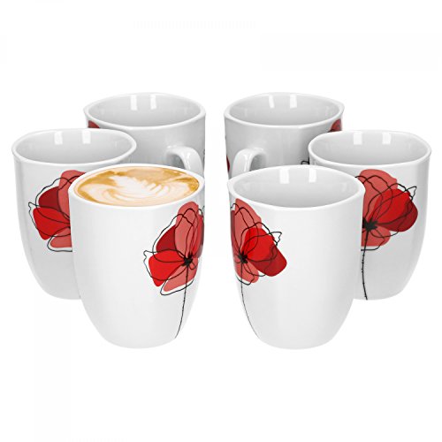 Van Well 6er Set Kaffeebecher Monika | 300-350 ml | 85 x 85 mm | Jumbo-Tasse | XL-Kaffeetasse | Kaffee-Pott | Mohn-Blume | edles Porzellan-Geschirr | Gastro von Van Well