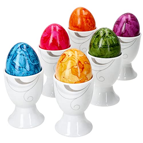 Van Well Portofino 6er Set Eierbecher I 6 Personen I graues Ranken-Muster I weiße Porzellan-Eierhalter, Eierständer, Egg Cup I Oster-Eier, Oster-Frühstück I Becher fürs Frühstücksei I Easter Egg von Van Well