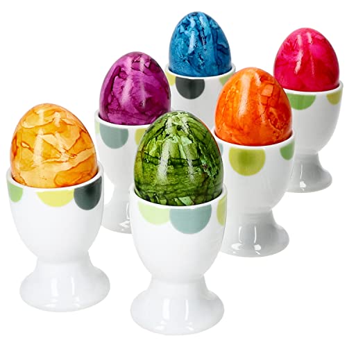 Van Well Rondo 6er Set Eierbecher I 6 Personen I grüne Retro-Kreise I weiße Porzellan-Eierhalter, Eierständer, Egg Cup I Oster-Eier, Oster-Frühstück I Becher fürs Frühstücksei I Easter Egg von Van Well