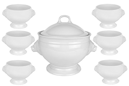 Van Well Set Löwenkopfterrine mit Deckel Porzellan 2,75 Liter & 6 Suppenschalen 0,4 Liter weiß – Klassische Terrine für Suppe oder One-Pot Gerichte – Backofenfest – deutsche Qualität von Van Well