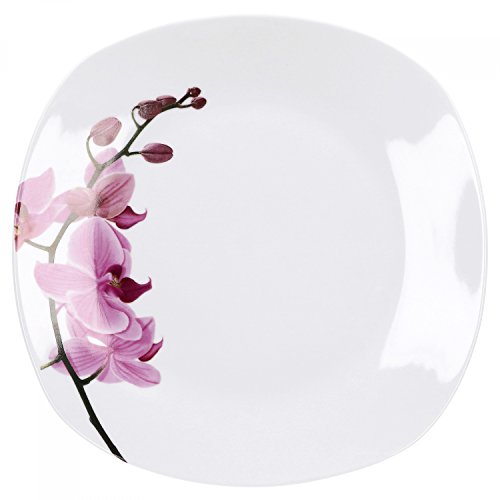 Van Well Speiseteller Kyoto, 250 x 250 mm, Menü-Teller, großer Essteller, Servierteller, Porzellan-Geschirr, Blumen-Dekor Orchidee, rosa-rot, pink von Van Well