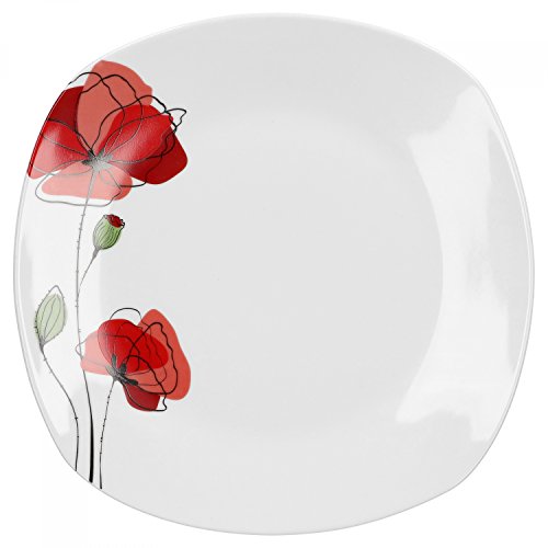 Van Well Speiseteller Monika | 255 x 255 mm | Menü-Teller | großer Essteller | Servierteller | Mohn-Blume rot | edles Porzellan-Geschirr | Gastronomie von Van Well