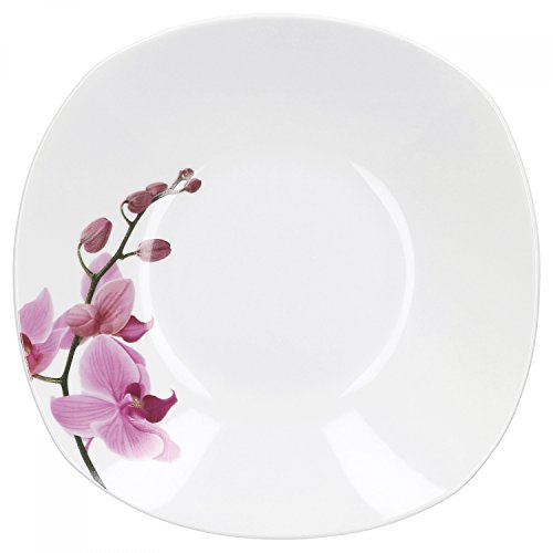 Van Well Suppenteller Kyoto, Menü-Teller, 450 ml, 215 x 215 mm, Salatteller, Servierschale, Porzellan-Geschirr, Blumen-Dekor Orchidee, rosa-rot, pink von Van Well