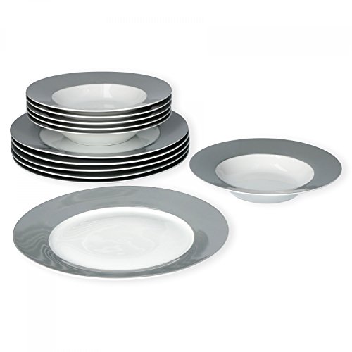 van Well Vario Speiseteller-Set 12-teilig - Tafel-Service für 6 Personen - flache Ess-Teller mit Ø 21,5cm & 6 tiefe Teller Ø 26,5cm - Porzellan-Service weiß mit Rand in Grau von Van Well