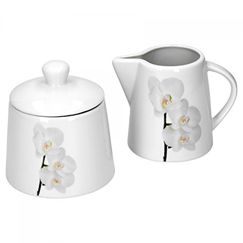 Van Well Vanda weiße Orchidee 2-TLG. Set Zuckerdose mit Deckel, Ø 95 mm + Milchkännchen, 220 ml, Blumendekor edles Marken-Porzellan von Van Well