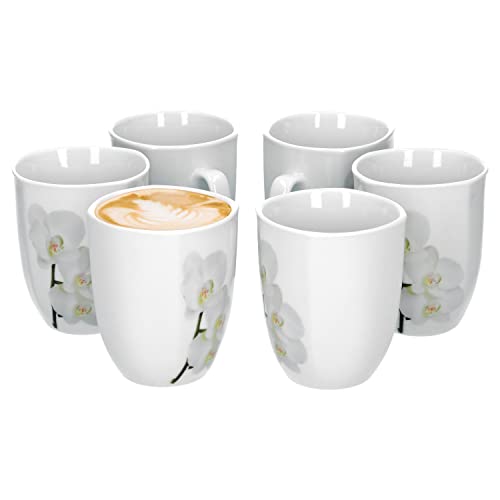 Van Well Vanda weiße Orchidee 6er Set Kaffeebecher, 330 ml, H 10,3 cm, Kaffeetasse, Blumendekor, edles Marken-Porzellan von Van Well