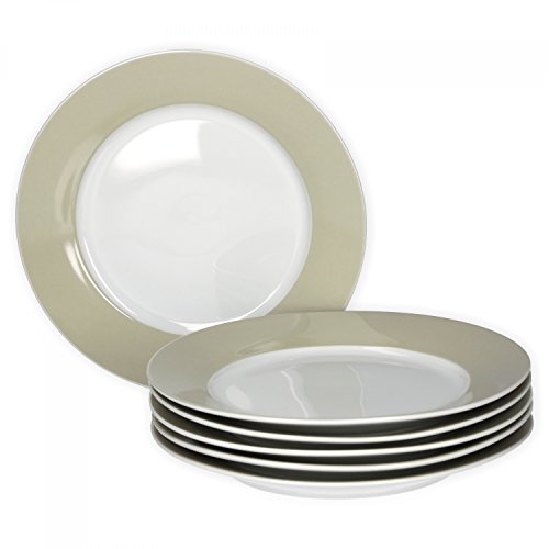Van Well Vario Frühstücksteller-Set 6-teilig für 6 Personen - Porzellan Teller-Service Ø 20cm - Mikrowellengeeignet - Weiß mit Beigefarbenem Rand von Van Well