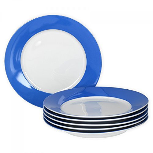 van Well Vario Frühstücksteller-Set 6-teilig - Teller-Service für 6 Personen - Kuchen-Teller mit Ø 20cm - Porzellan-Set weiß mit Rand in Blau - Dessert-Teller-Set mikrowellengeeignet von Van Well