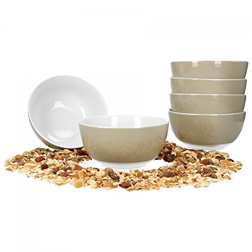 van Well Vario Müslischalen-Set 6-teilig - Schalen-Service für 6 Personen - tiefe Suppen-Schüssel 14cm - Porzellan-Set innen weiß & außen Beige - Salat-Schüssel mikrowellengeeignet von Van Well
