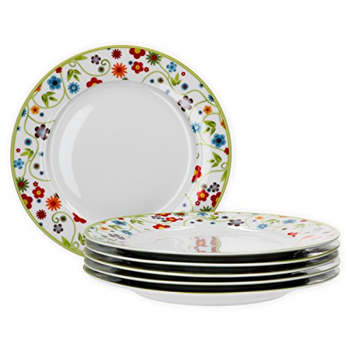 van Well Vario Speiseteller-Set 6-teilig - Tafel-Service für 6 Personen - flache Ess-Teller mit Ø 26,5cm - Porzellan-Service weiß mit Rand in Flower Design - Teller-Set mikrowellengeeignet von Van Well