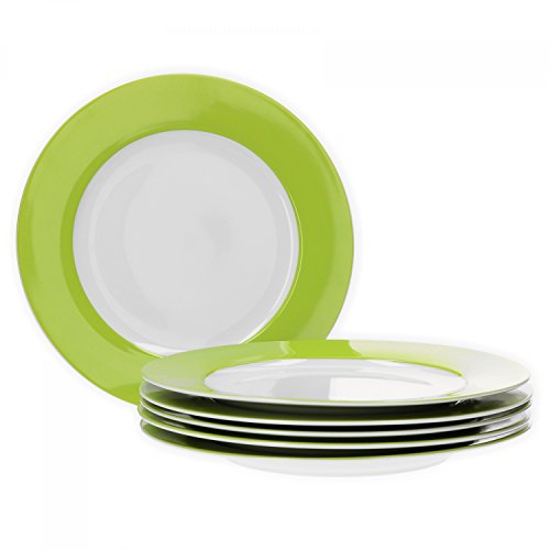 Van Well Vario Speiseteller-Set 6-teilig - Tafel-Service für 6 Personen - flache Ess-Teller mit Ø 26,5cm - Porzellan-Service weiß mit Rand in Grün - Teller-Set mikrowellengeeignet von Van Well