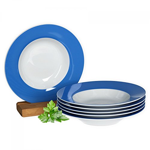 van Well Vario Suppenteller-Set 6-teilig - Teller-Service für 6 Personen - tiefe Pasta-Teller 21,5cm - Porzellan-Set weiß mit Rand in Blau - Salat-Teller mikrowellengeeignet von Van Well