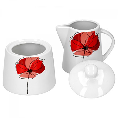 Van Well Zucker + Milch-Set Monika | Zuckerdose mit Deckel | Milchkännchen | Milk & Sugar | Mohn-Blume rot | edles Porzellan-Geschirr | Gastronomie von Van Well