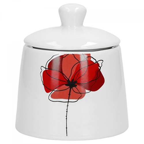 Van Well Zuckerdose Monika | 250-300 ml | Ø 90 mm | H 100 mm | runder Zuckerspender mit Deckel | Mohn-Blume rot | Porzellan-Geschirr | Gastronomie von Van Well