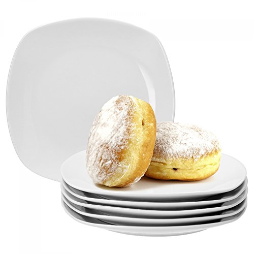 van Well Lilli 6-er Set Kuchenteller Porzellan Weiß 190 x 190 mm – flacher Teller mit klassischem, glänzendem Design - quadratische Form – Dessertteller für Restaurants, Hotels oder zu Hause von Van Well