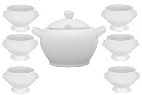 van Well Set Löwenkopfterrine mit Deckel Porzellan 2,75 Liter & 6 Suppenschalen 0,4 Liter weiß – Klassische Terrine für Suppe oder One-Pot Gerichte – Backofenfest – deutsche Qualität von Van Well