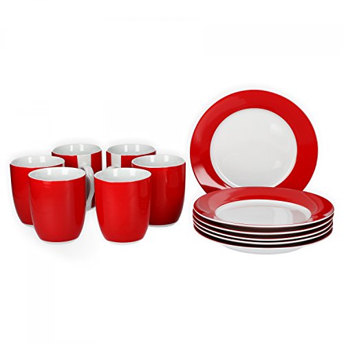 van Well Vario Frühstücksset 12-teilig Kombi-Service 6 Personen - Geschirr-Set Kaffee, Frühstück & Tafel - je 6 kleine, flache Frühstücksteller & Kaffeebecher aus Porzellan - Rot von Van Well