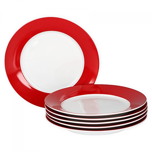 van Well Vario Frühstücksteller-Set 6-teilig - Teller-Service für 6 Personen - Kuchen-Teller mit Ø 20cm - Porzellan-Set weiß mit Rand in Rot - Dessert-Teller-Set mikrowellengeeignet von Van Well