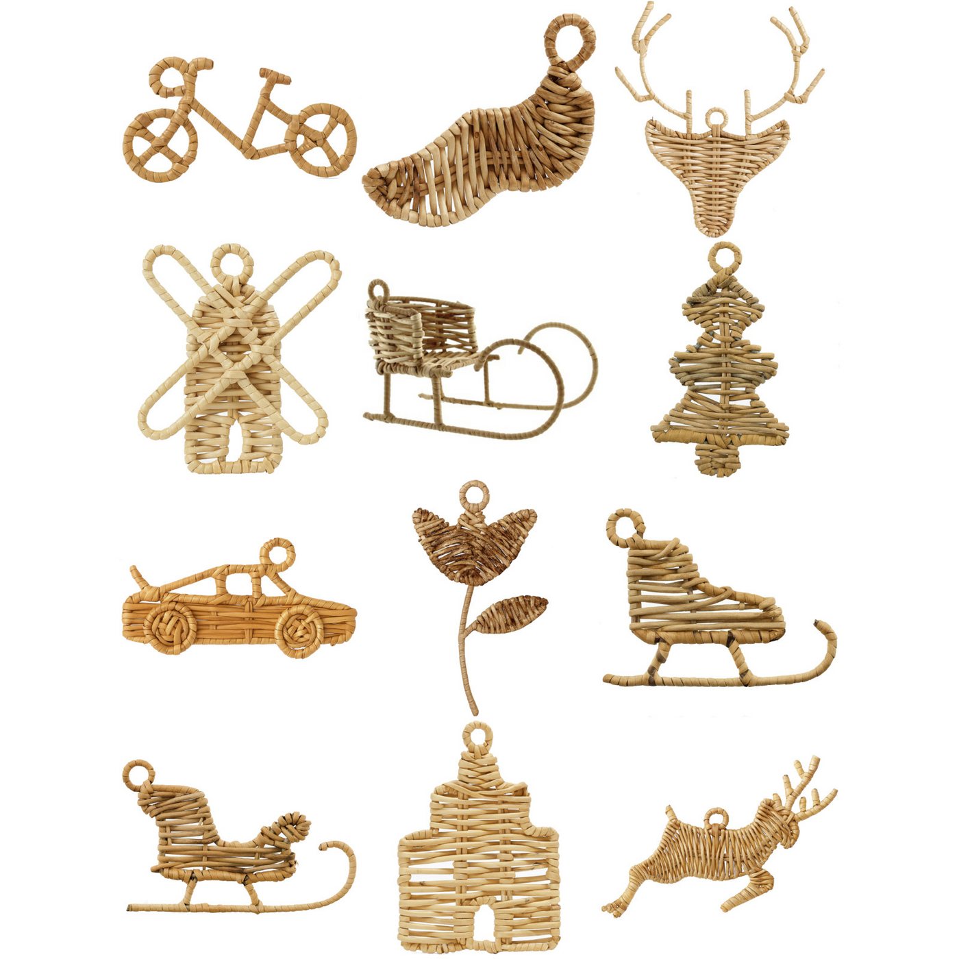 Van der Leeden Christbaumschmuck Weihnachtsschmuck Weihnachtsdeko Weihnachtsbaumschmuck 12 Motive (12-tlg), 12-tlg, Einzelstücke, Rattan, Inkl. Juteschnurr, Braun / Natur von Van der Leeden