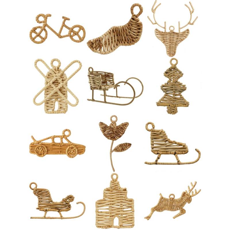 Van der Leeden Christbaumschmuck Weihnachtsschmuck Weihnachtsdeko Weihnachtsbaumschmuck 12 Motive (12-tlg), 12-tlg, Einzelstücke, Rattan, Inkl. Juteschnurr, Braun / Natur von Van der Leeden