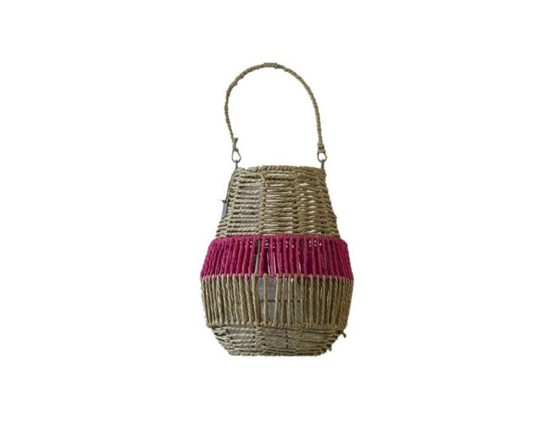 Van der Leeden Windlicht Laterne PINK Seegras Natur/Fuchsia, Ø 26cm H 31cm von Van der Leeden