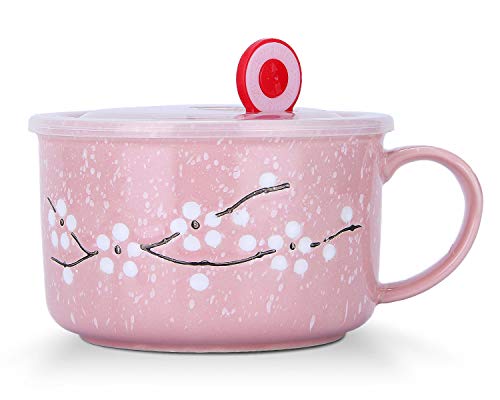VanEnjoy Keramik-Schüssel-Set mit Deckel und Griff, Kirschblüten unter Schneeflockenmuster, Mikrowelle für Instant-Nudel-Sara, Müslischale (Pink) von VanEnjoy