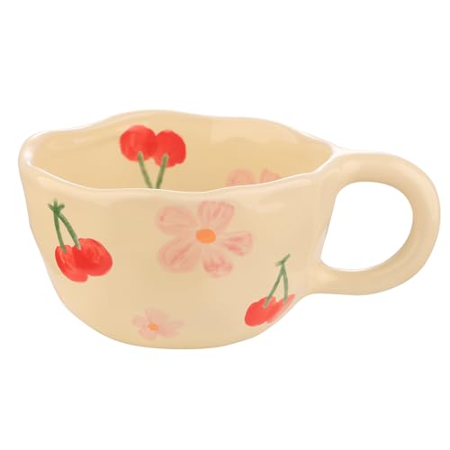 VanEnjoy Keramikbecher, niedlicher Kaffeebecher, Erdbeerbecher, ästhetischer Kaffeebecher, Retro-Blumenbecher, Keramik-Tee, 300 ml, für Tee, Kaffee, Milch und Haferflocken von VanEnjoy