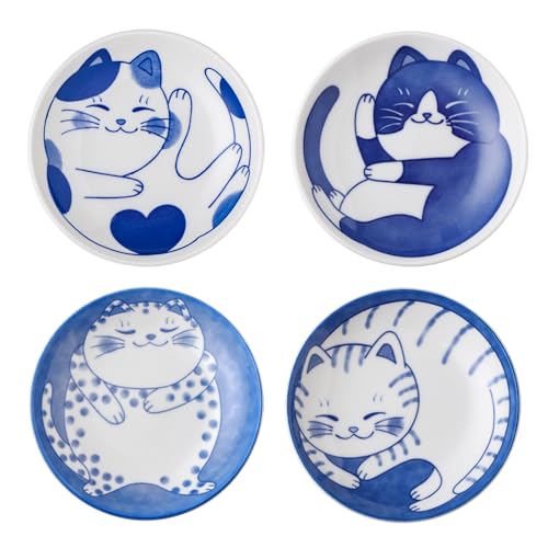 VanEnjoy Kleine süße Keramik Geschirr Sets, Kawaii Katze Teller, Blau Shushi Teller Set Von 4, Japanische Teller, Dessertteller Keramik von VanEnjoy
