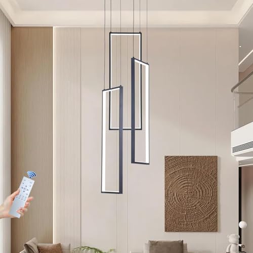 Treppe Kronleuchter Modern LED Pendelleuchte Wohnzimmerlamp, Schlafzimmer Hängeleuchte Schwarz Salon Esszimmer Hängelampe, Dimmbar Rechteckige LED Kronleuchter, Hohe Decken Pendellampe Lüster(3 Heads) von VanMe