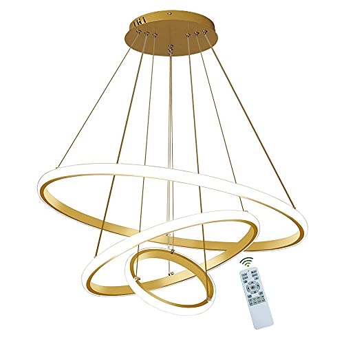 VanMe 60W LED Pendelleuchte Pendellampe, Modern Kreative LED Kronleuchtert Dimmbar Mit Fernbedienung, 3 Ringe Φ20+40+60cm Gold Hängeleuchten LED Deckenleuchte for Esszimmer Wohnzimmer Büro Küchen von VanMe