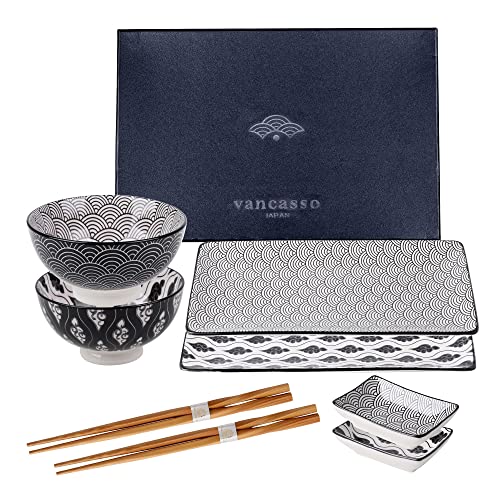 vancasso HARUKA Sushi Set, Porzellan japanische Ess Service, 8-teilig Geschirr-Set für 2 Personen,Beinhaltet Sushi Teller, Schalen, Soßenschälchen und Essstäbchen von vancasso