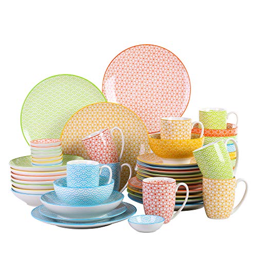 Tafelservice Set porzellan, vancasso natsuki Geschirrset 8 Personen, 48-teiliges Kombiservice bunt, mit Kaffeebecher, Schalen, Dessertteller, Speiseteller, Suppenteller und Dipschälchen von vancasso