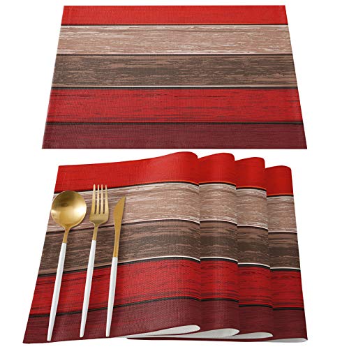 Vandarllin Tischsets Set von 6, Retro Rustikale Scheunenholztextur Polyester schmutzabweisend Tischsets waschbar Tischsets Dekoration für Küche Esstisch Ombre Weihnachten Rot Braun Vandarllin Tischsets Set von 6, Retro Rustikale Scheunenholztextur Polyester schmutzabweisend Tischsets waschbar Tischsets Dekoration für Küche Esstisch Ombre Weihnachten Rot Braun von Vandarllin