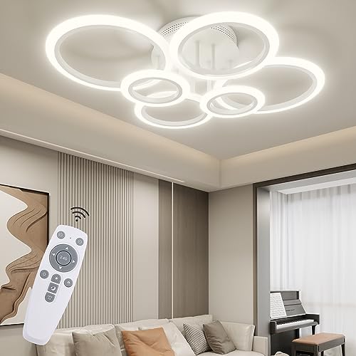 RUYI Modern LED Deckenleuchte Dimmbar mit Fernbedienung 6-Ring Deckenleuchte 72W 6400LM, Deckenlampe für Wohnzimmer, Schlafzimmer, Küche, Flur, Balkon, Esszimmer, Weiß, 2700-7000K von RUYI