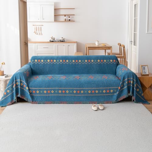 VanderHOME Bohemian Chenille Couch Überwurf, Sofa Überzug 1/2/3/4 Sitzer, Multifunktionaler Sofabezug, Doppelseitige Sofa Cover Couch Überwurf für Sofa und Bett 180 * 130cm-Blau von VanderHOME