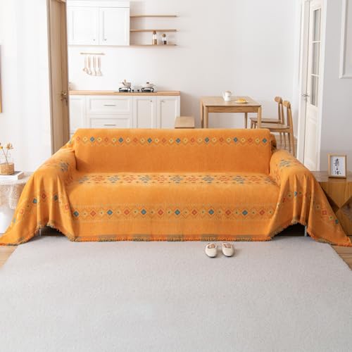 VanderHOME Bohemian Chenille Couch Überwurf, Sofa Überzug 1/2/3/4 Sitzer, Multifunktionaler Sofabezug, Doppelseitige Sofa Cover Couch Überwurf für Sofa und Bett 180 * 300cm-Orange von VanderHOME