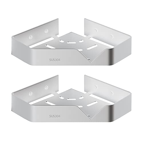 VanderHOME Duschregal Eckregal Bad, Duschregal Ohne Bohren 304 Edelstahl Duschablage Silber, Dreieck Badezimmer Regal Organizer, Poliert Duschkorb mit Stange Wandhalterung Badezimmer Regal, 2 Stück von VanderHOME