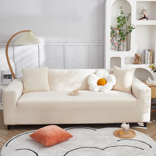 VanderHOME High Stretch Sofabezug Moderne einfach luxuriös Couch überzug Polyester Jacquard Elastische Sofahusse für Wohnzimmer Protector für Hunde Haustiere (3 Sitzer, Beige) von VanderHOME