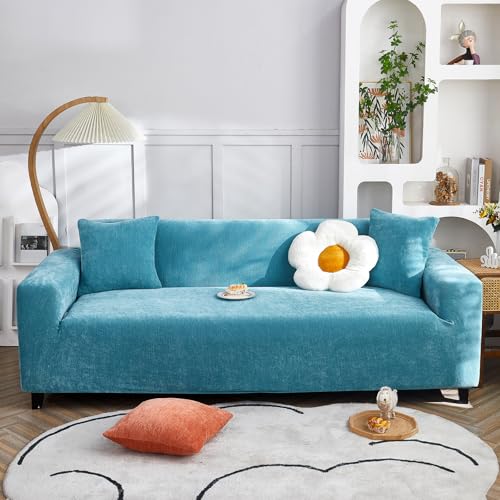 VanderHOME High Stretch Sofabezug Moderne einfach luxuriös Couch überzug Polyester Jacquard Elastische Sofahusse für Wohnzimmer Protector für Hunde Haustiere (3 Sitzer, Himmelblau) von VanderHOME