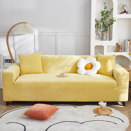 VanderHOME High Stretch Sofabezug Moderne einfach luxuriös Couch überzug Polyester Jacquard Elastische Sofahusse für Wohnzimmer Protector für Hunde Haustiere (4 Sitzer, Hellgelb) von VanderHOME