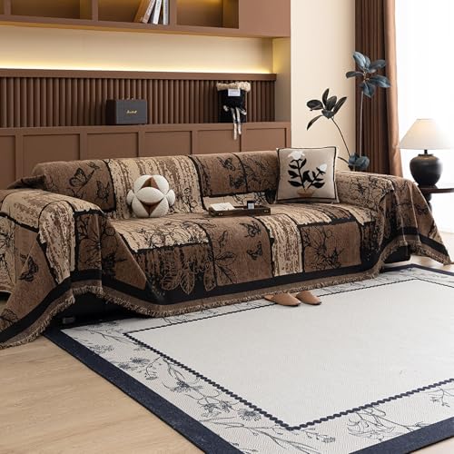 VanderHOME Premium Chenille Sofaüberwürfe Für 1-4 Sitzer ，Vielseitige Sofa Überzug Sofa Cover Futonbezug Mit Quaste, Kunstvolle Muster, Alljahreszeitlich 180 * 130cm-Dunkelbraun von VanderHOME