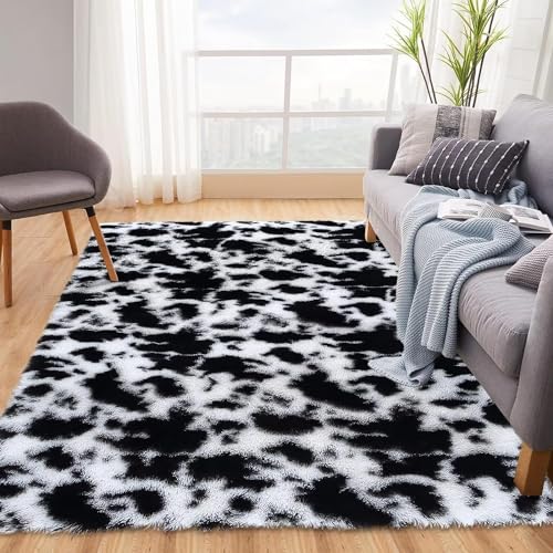 VanderHOME Rechteckig Teppich Weich und Flauschig LangflorModern Teppiche Langer Plüsch-Teppich Dicker Plüschteppich fürs Wohnzimmer Schlafzimmer Teppiche Milchkuh-120 * 160cm von VanderHOME