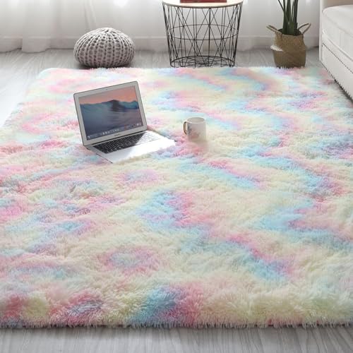 VanderHOME Rechteckig Teppich Weich und Flauschig LangflorModern Teppiche Langer Plüsch-Teppich Dicker Plüschteppich fürs Wohnzimmer Schlafzimmer Teppiche Regenbogen-100 * 200cm von VanderHOME