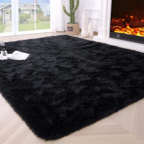 VanderHOME Rechteckig Teppich Weich und Flauschig LangflorModern Teppiche Langer Plüsch-Teppich Dicker Plüschteppich fürs Wohnzimmer Schlafzimmer Teppiche Schwarz-160 * 230cm von VanderHOME