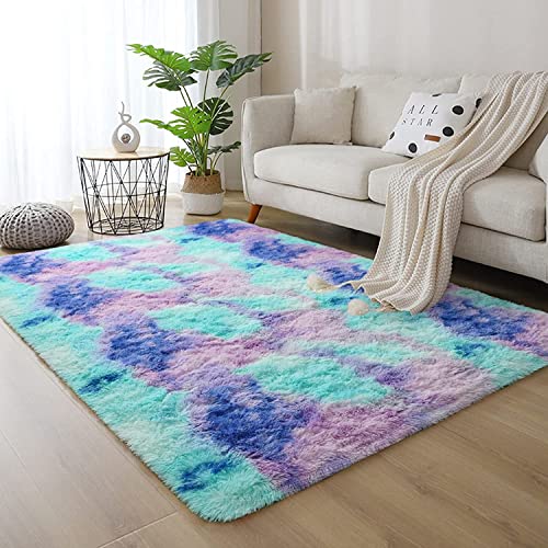 VanderHOME Rechteckig Teppich Weich und Flauschig LangflorModern Teppiche Langer Plüsch-Teppich Dicker Plüschteppich fürs Wohnzimmer Schlafzimmer Teppiche blau-violett-120 * 160cm von VanderHOME