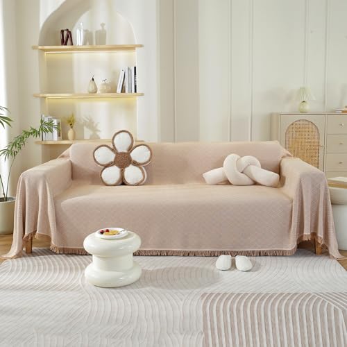VanderHOME Sofabezug, Sofa Überwurfdecke Große Kuscheldecke Decke für Sofa 1-4 Sitzer Vielseitiger Sofadecke mit dekorativen Quasten 180 * 420cm-Milchtee von VanderHOME